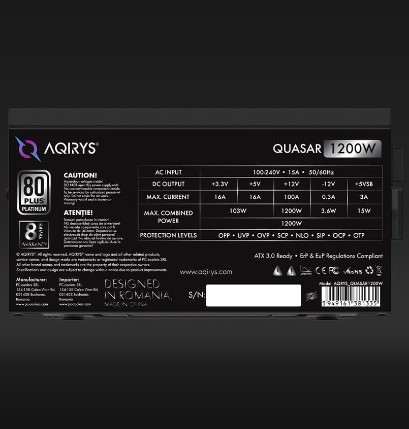 Boite d’alimentation AQIRYS MAGNETAR | 1200W | PLATINUM | Modulaire 4